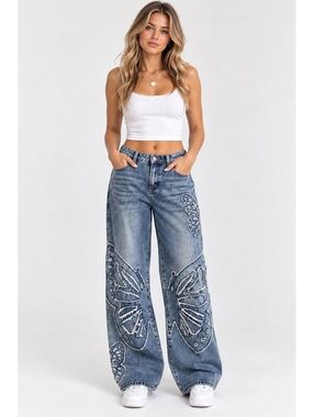 Hot Topic Butterfly Appliqué Wide Leg Jeans Size 9 Y2K Grunge